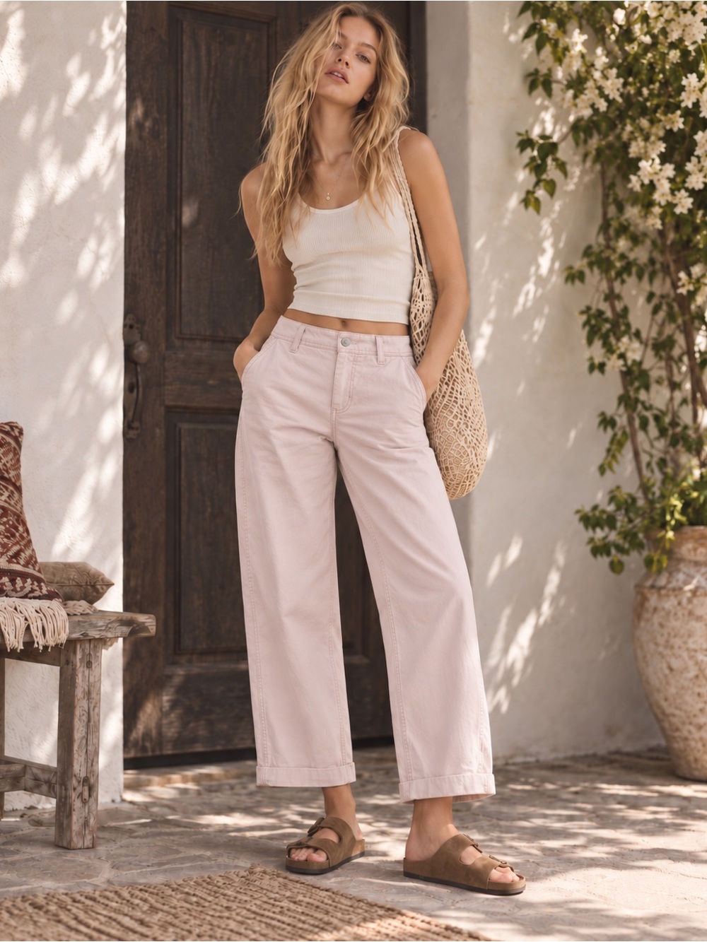 Free People Pale Pink Chino Pant Cuffed Hem Flat Front 24" Cotton NWOT Barrel